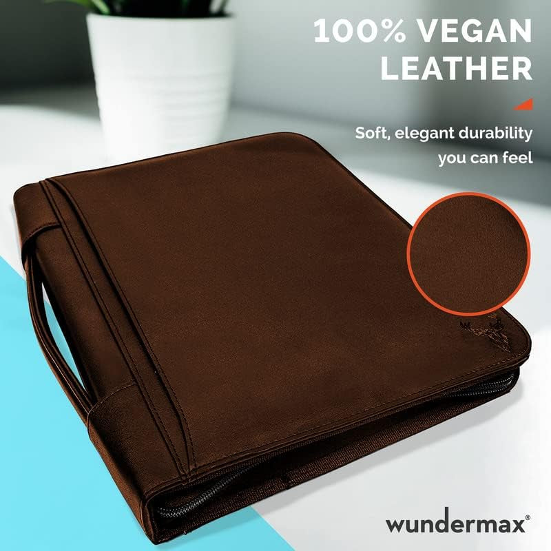 Portfolio Binder - 13 X 10.7 X 1.9 Inch, Vegan Leather, 3-Ring Padfolio for Women and Men W/Handle, Zipper, Notepad, Detachable Binder and Pockets for Tablet, Resume and Documents - Brown