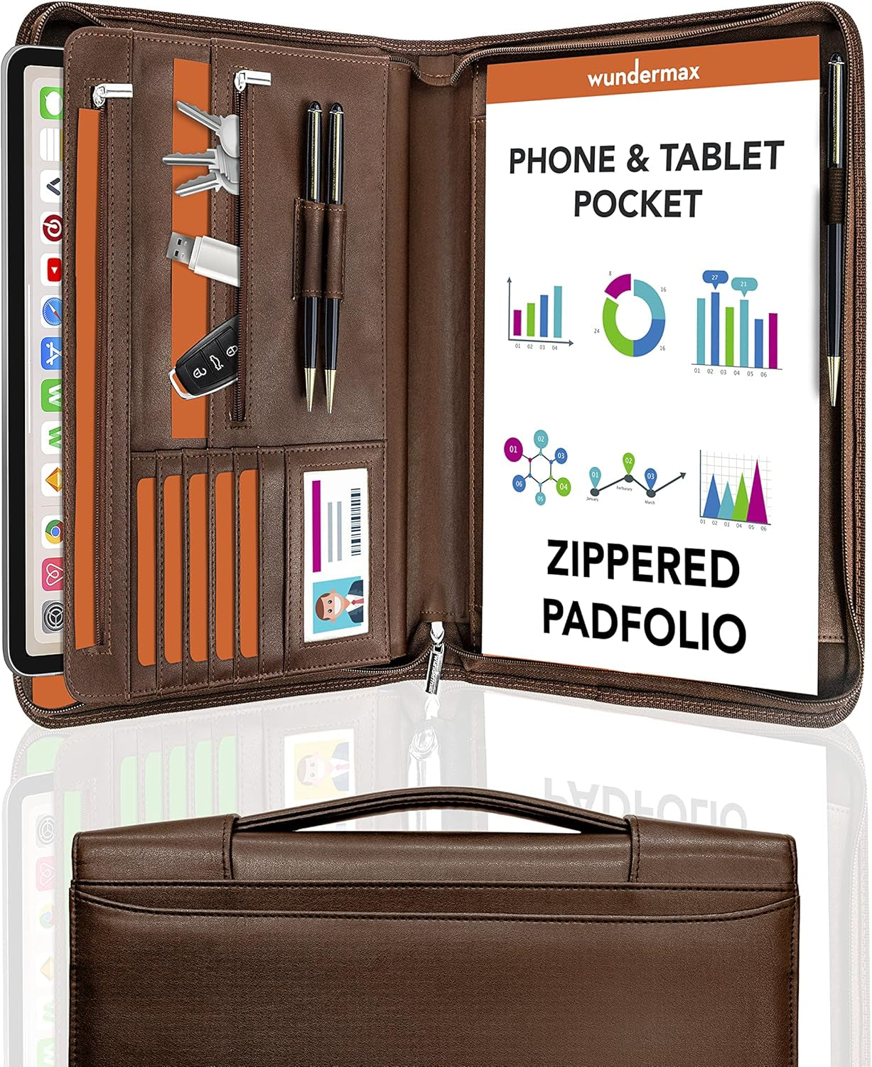 Portfolio Binder - 13 X 10.7 X 1.9 Inch, Vegan Leather, 3-Ring Padfolio for Women and Men W/Handle, Zipper, Notepad, Detachable Binder and Pockets for Tablet, Resume and Documents - Brown