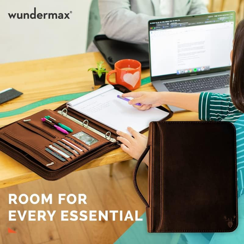 Portfolio Binder - 13 X 10.7 X 1.9 Inch, Vegan Leather, 3-Ring Padfolio for Women and Men W/Handle, Zipper, Notepad, Detachable Binder and Pockets for Tablet, Resume and Documents - Brown