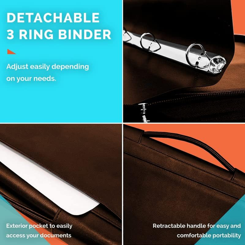 Portfolio Binder - 13 X 10.7 X 1.9 Inch, Vegan Leather, 3-Ring Padfolio for Women and Men W/Handle, Zipper, Notepad, Detachable Binder and Pockets for Tablet, Resume and Documents - Brown