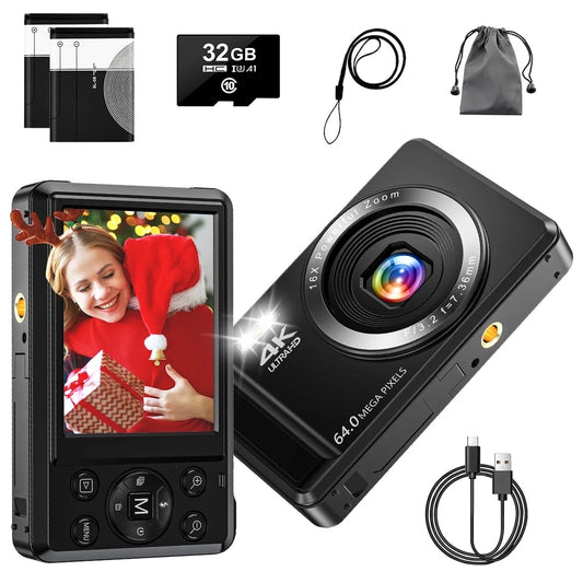 Digital Camera 4K UHD 44MP Vlogging Camera, Autofocus Compact Camera with 16X Digital Zoom, Point and Shoot Digital Camera with 32GB SD Card & 2 Batteries