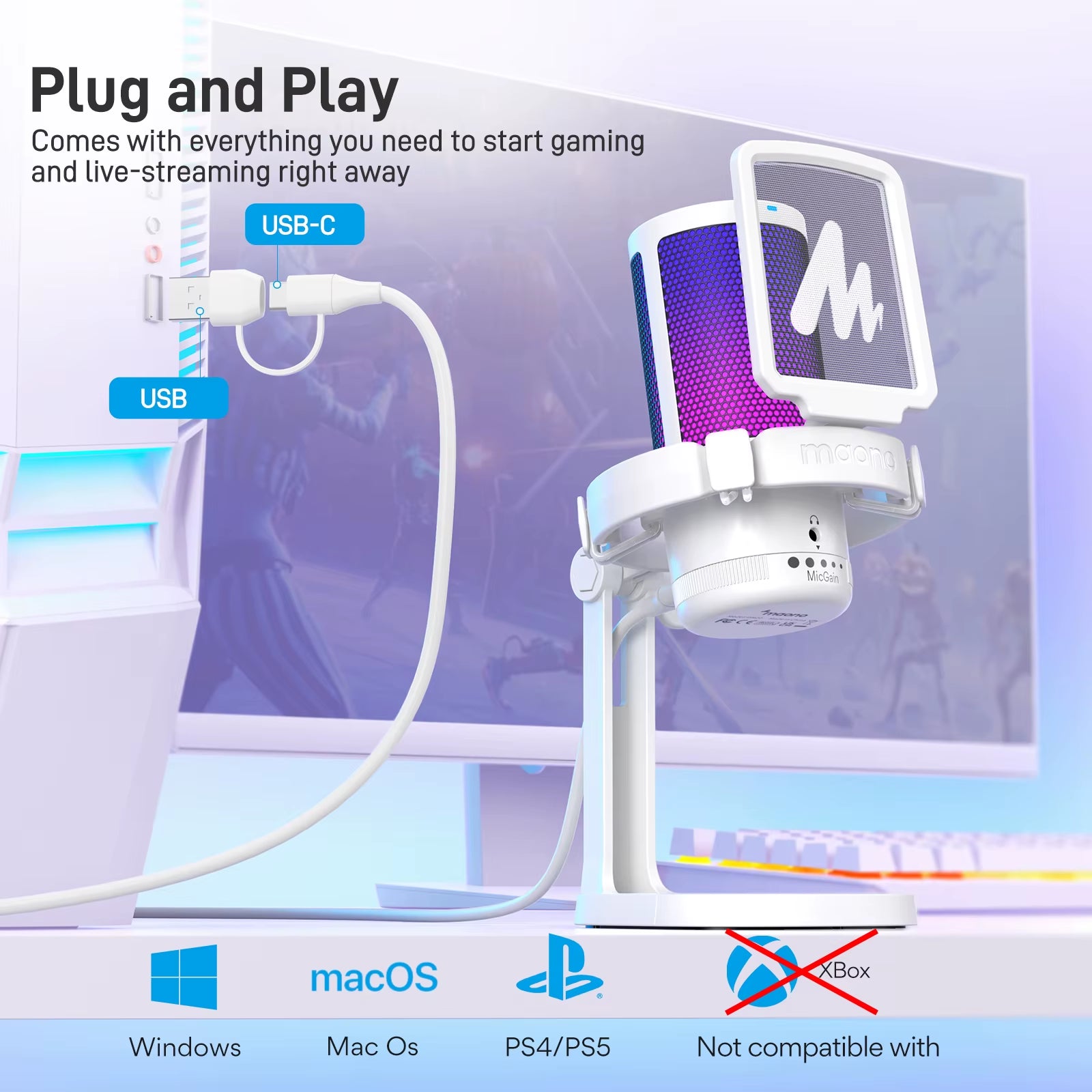 Gamerwave DGM20 RGB Gaming Microphone USB Condenser Mic Noise Canceling Mic with Mic Gain,Rgb Light,One Key Mute