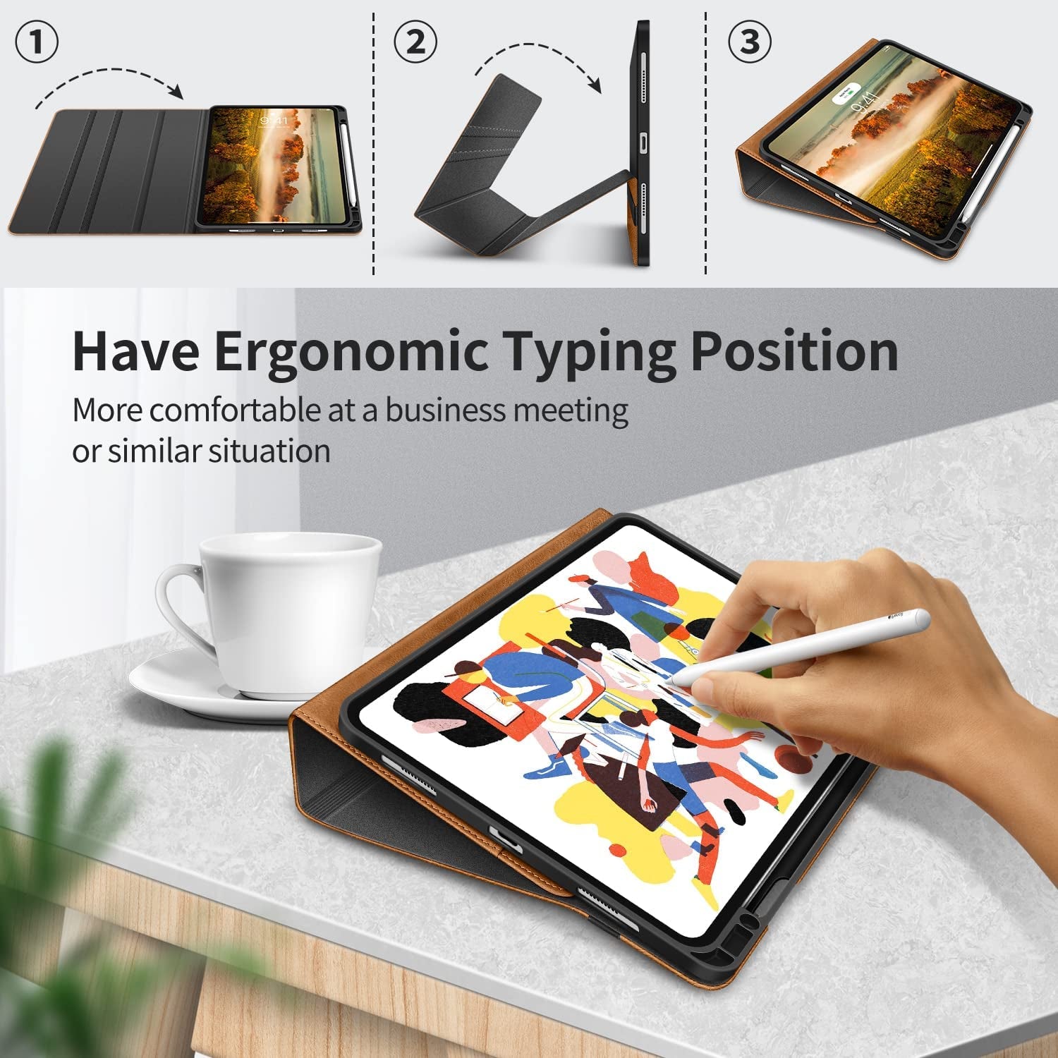 HOLIMET Ipad Pro 12.9 Case 2022 6Th/5Th/4Th/3Rd Generation Case 2021 2020 2018 with Pencil Holder Pocket Strap Folio Stand Cover Soft TPU Back Shockproof, Auto Sleep/Wake,Vegan Leather