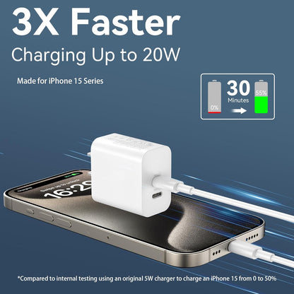 Iphone 15 Charger Fast Charging[Mfi Certified], 20W Dual Port USB C Fast Charger Block with 10FT Long USB C to C Charging Cable Cord for Iphone 15 Pro Max/15 Pro/15/15 Plus,Ipad Pro 12.9"/11",Ipad Air
