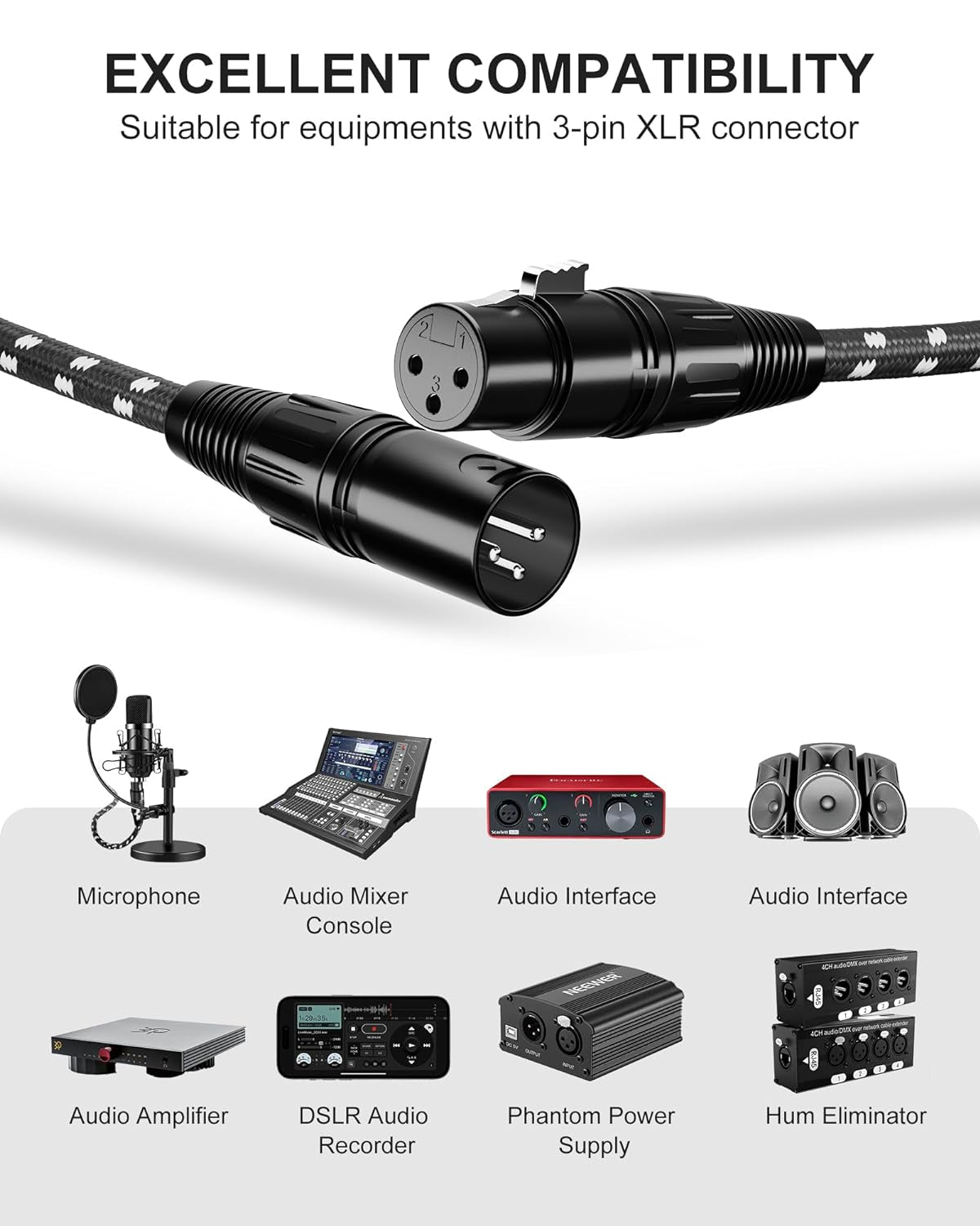 XLR Cable,  3Ft 2 Pack Microphone Cable, XLR Male to Female Balanced Microphone Cord 3 Pin, 3 Foot Short Mic Cord