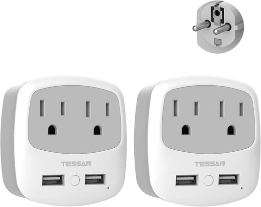 Germany France Power Adapter, Schuko Type E/F Plug Adaptor with 2 USB Ports 2 AC Outlets, US to Europe German Frence Spain Iceland Russia Greece Korea Electrical Charger(2 Pack)