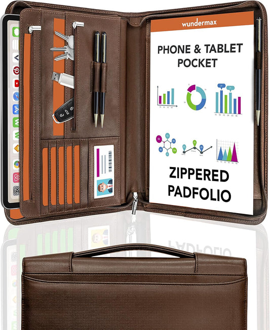 Portfolio Binder - 13 X 10.7 X 1.9 Inch, Vegan Leather, 3-Ring Padfolio for Women and Men W/Handle, Zipper, Notepad, Detachable Binder and Pockets for Tablet, Resume and Documents - Brown
