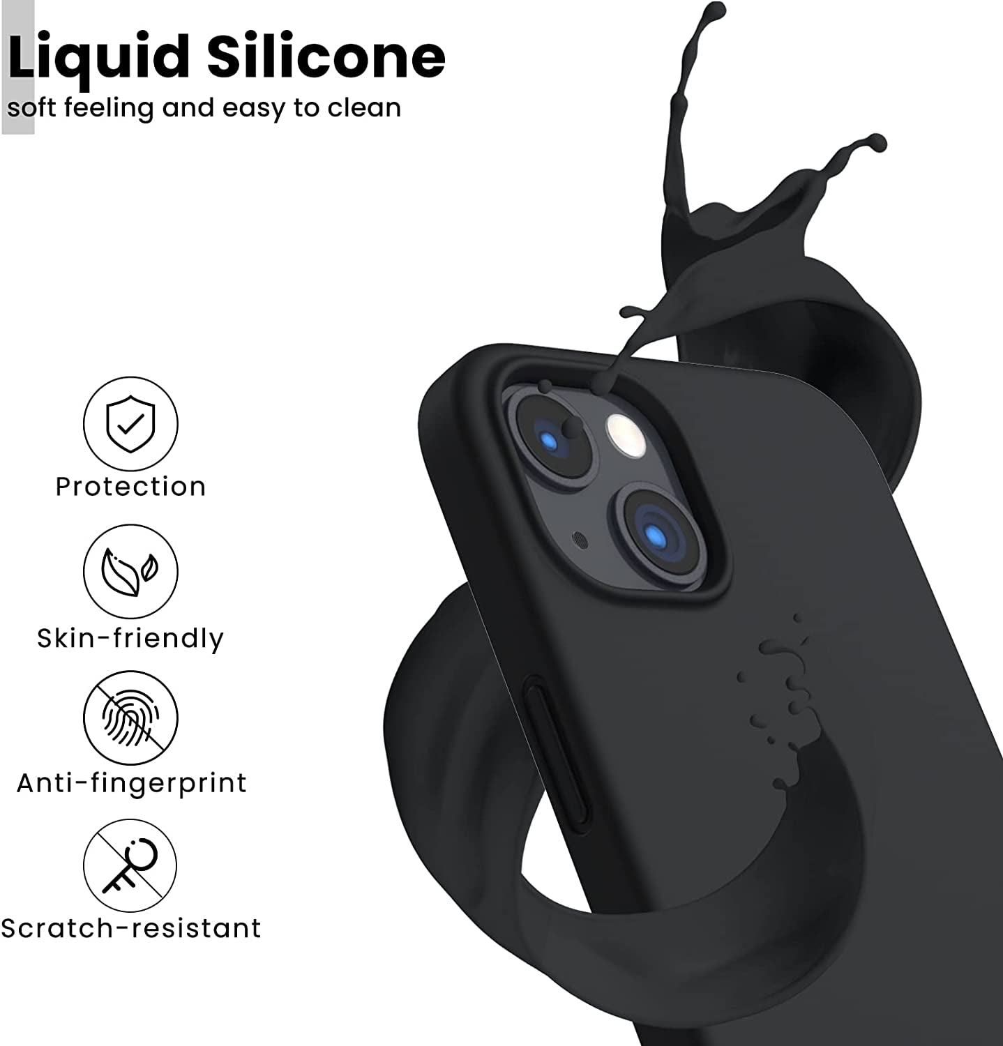 Shockproof Liquid Silicone Designed for Iphone 13 Case Gel Rubber Full Body Protection Anti-Shock Cover Case Drop Protection 6.1Inch-Black