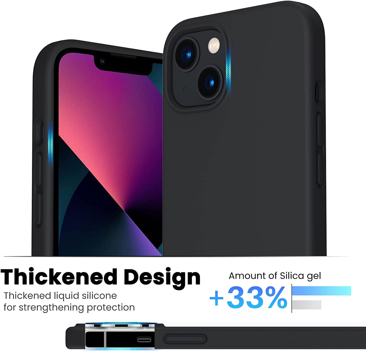 Shockproof Liquid Silicone Designed for Iphone 13 Case Gel Rubber Full Body Protection Anti-Shock Cover Case Drop Protection 6.1Inch-Black