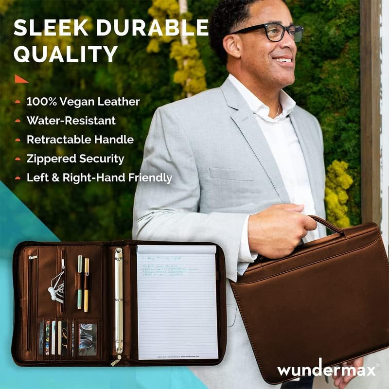 Portfolio Binder - 13 X 10.7 X 1.9 Inch, Vegan Leather, 3-Ring Padfolio for Women and Men W/Handle, Zipper, Notepad, Detachable Binder and Pockets for Tablet, Resume and Documents - Brown