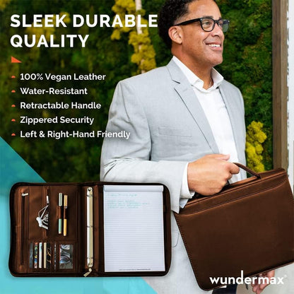 Portfolio Binder - 13 X 10.7 X 1.9 Inch, Vegan Leather, 3-Ring Padfolio for Women and Men W/Handle, Zipper, Notepad, Detachable Binder and Pockets for Tablet, Resume and Documents - Brown
