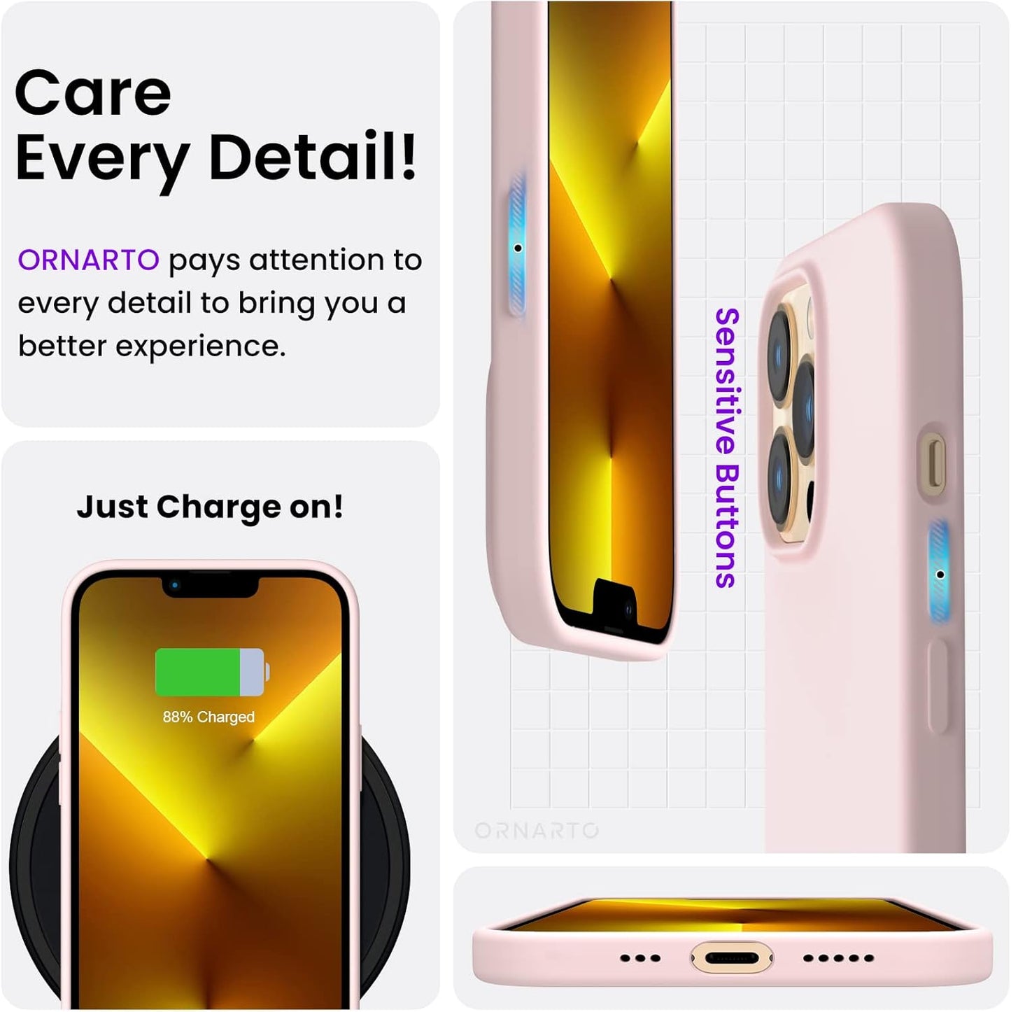 Compatible with Iphone 13 Pro Case 6.1, Slim Liquid Silicone 3 Layers Full Covered Soft Gel Rubber Case Cover 6.1 Inch-Chalk Pink