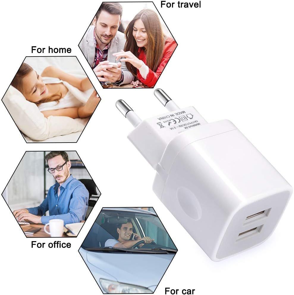 European Wall Charger,  2-Pack USB 2.1AMP Universal Europe Charger Block Dual Port Plug Compatible for Iphone 15 14 13 12 11 Pro Max XS XR X SE 8 7 6 Plus, Samsung S23 S22 A14, Note 20,Lg,Moto