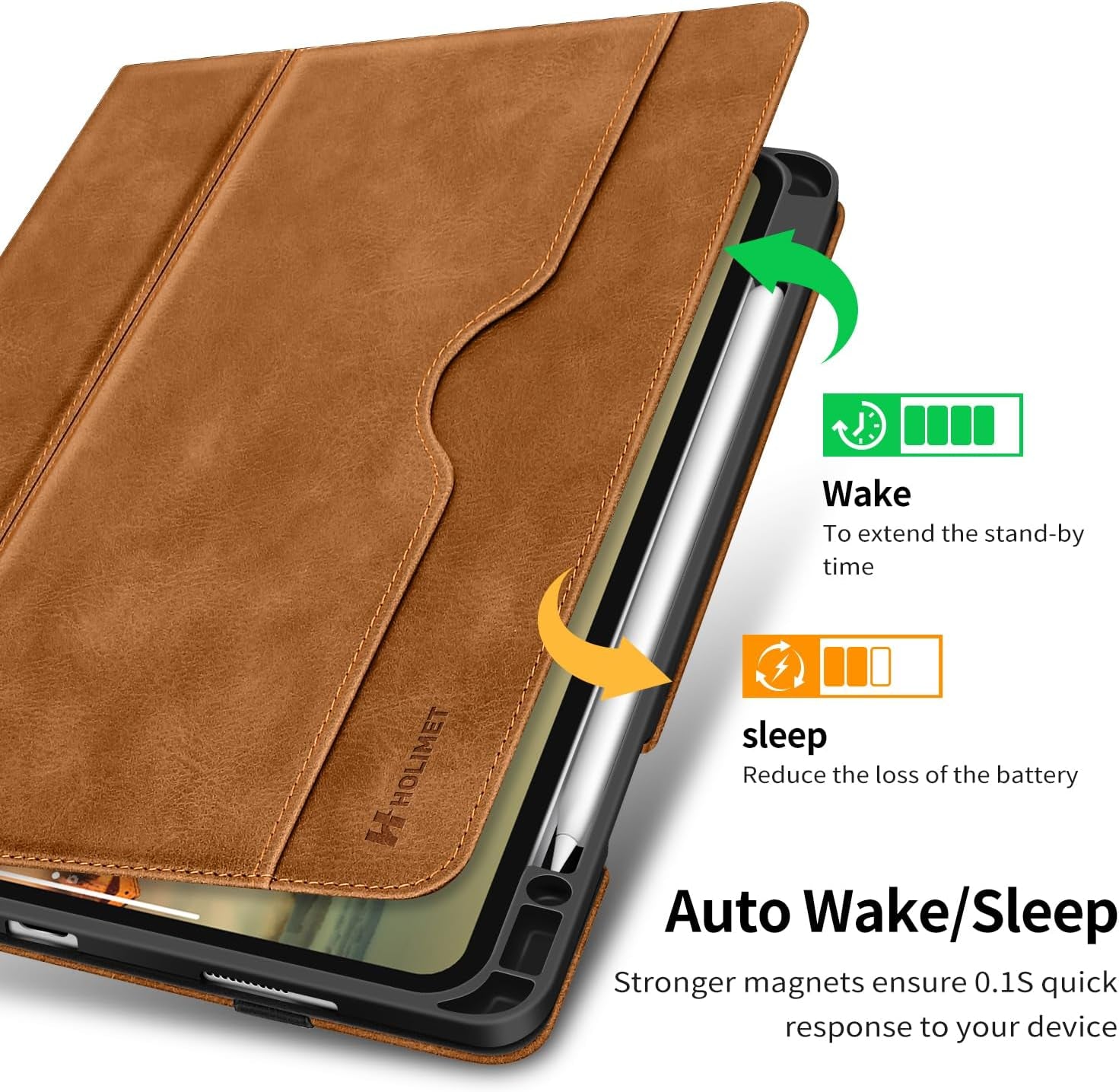 HOLIMET Ipad Pro 12.9 Case 2022 6Th/5Th/4Th/3Rd Generation Case 2021 2020 2018 with Pencil Holder Pocket Strap Folio Stand Cover Soft TPU Back Shockproof, Auto Sleep/Wake,Vegan Leather
