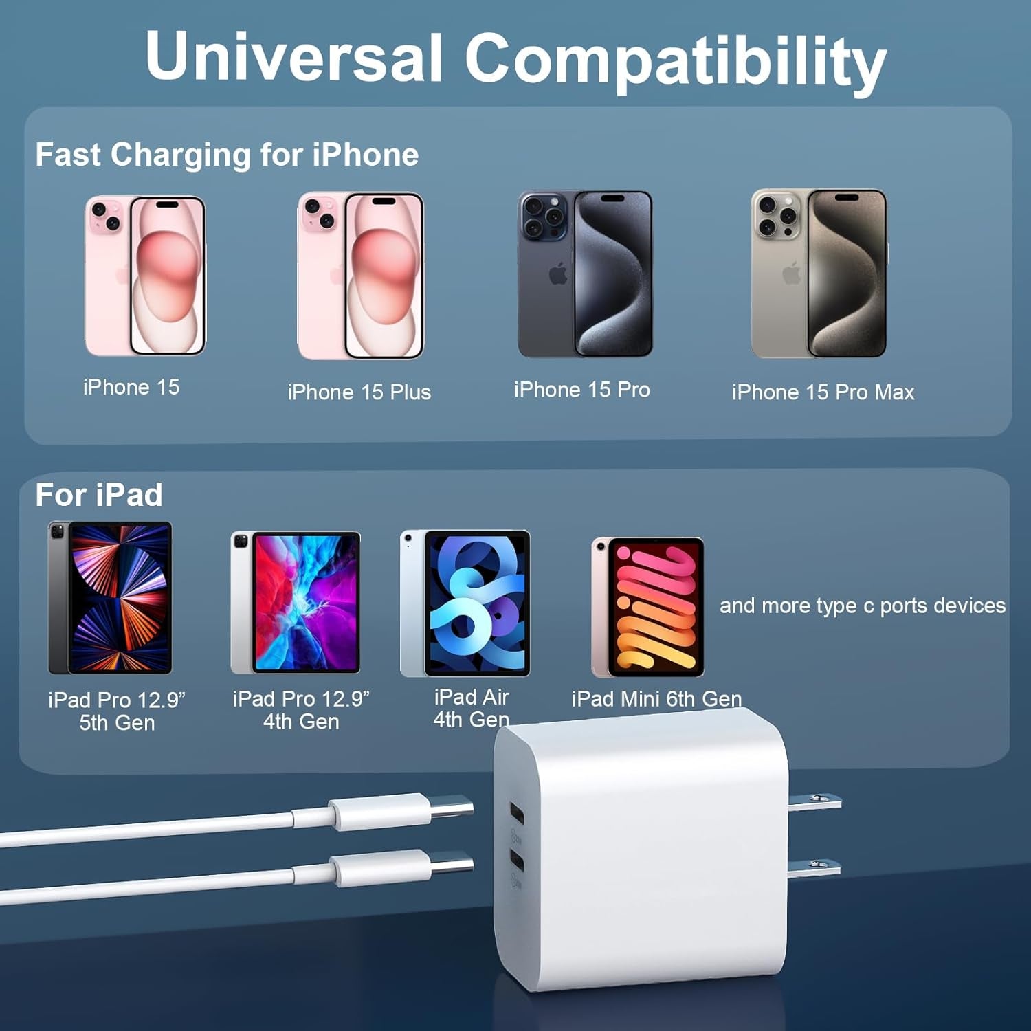Iphone 15 Charger Fast Charging[Mfi Certified], 20W Dual Port USB C Fast Charger Block with 10FT Long USB C to C Charging Cable Cord for Iphone 15 Pro Max/15 Pro/15/15 Plus,Ipad Pro 12.9"/11",Ipad Air