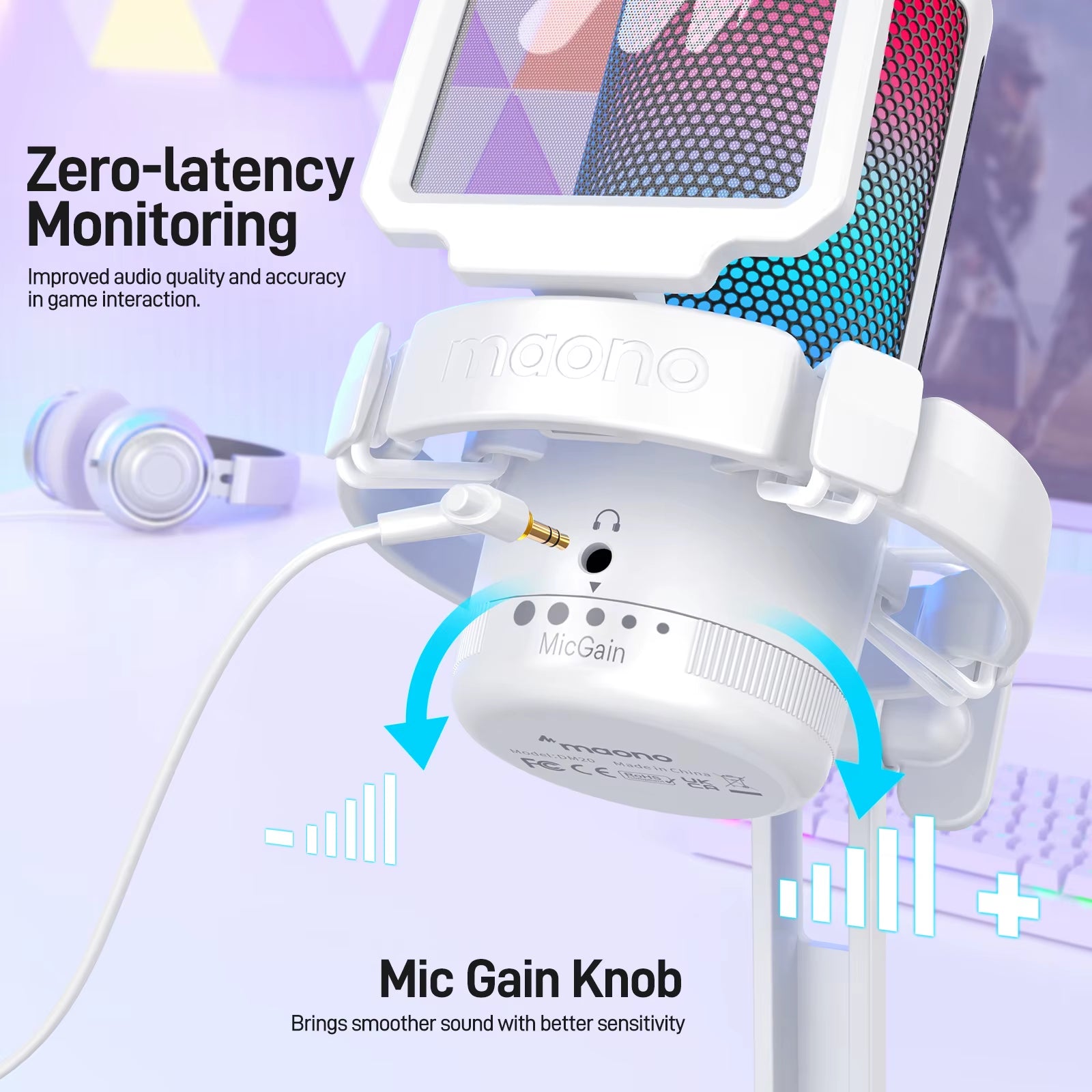 Gamerwave DGM20 RGB Gaming Microphone USB Condenser Mic Noise Canceling Mic with Mic Gain,Rgb Light,One Key Mute