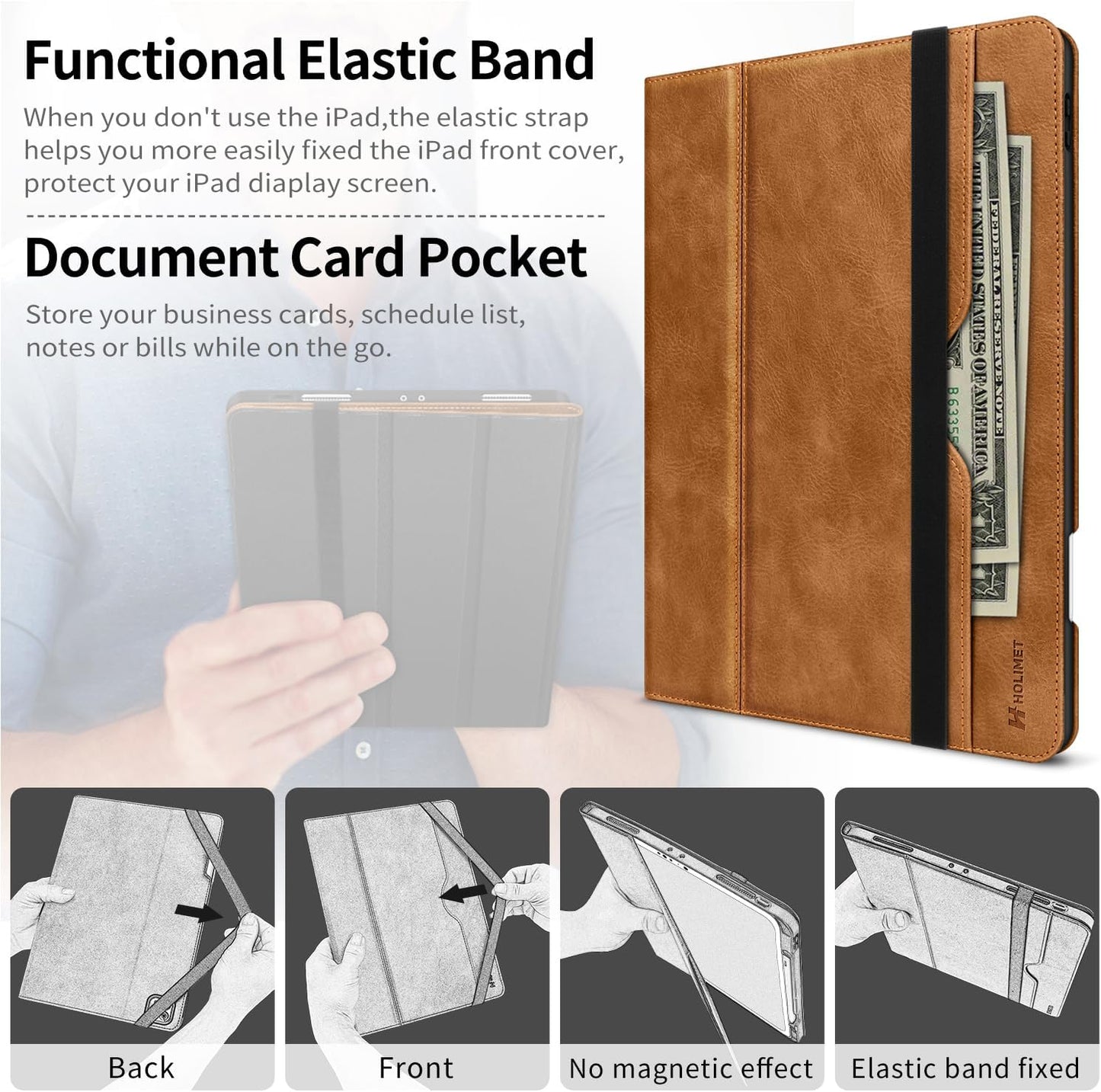 HOLIMET Ipad Pro 12.9 Case 2022 6Th/5Th/4Th/3Rd Generation Case 2021 2020 2018 with Pencil Holder Pocket Strap Folio Stand Cover Soft TPU Back Shockproof, Auto Sleep/Wake,Vegan Leather