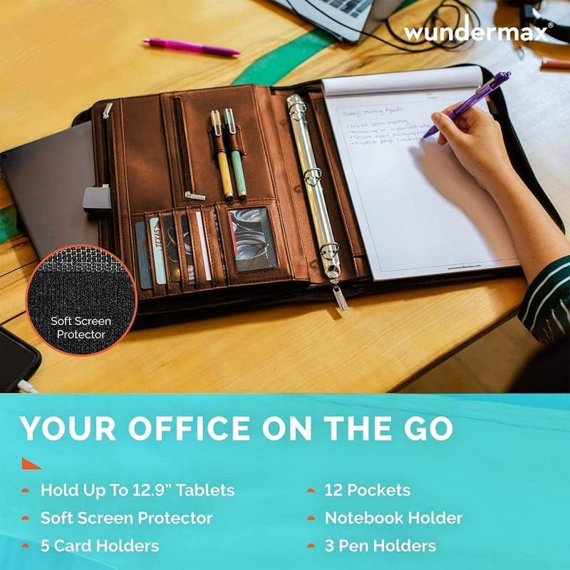Portfolio Binder - 13 X 10.7 X 1.9 Inch, Vegan Leather, 3-Ring Padfolio for Women and Men W/Handle, Zipper, Notepad, Detachable Binder and Pockets for Tablet, Resume and Documents - Brown